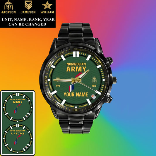 Montre personnalisée en acier inoxydable noir pour soldat/vétéran norvégien avec nom, grade et année - 17062402QA - Version dorée