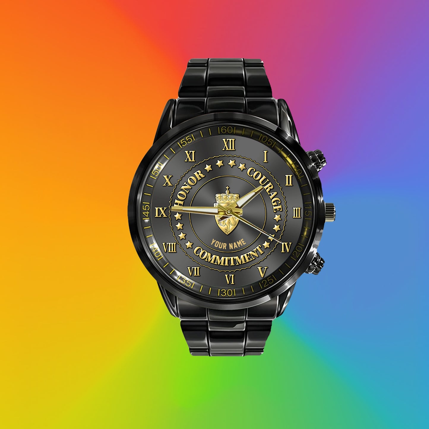 Montre personnalisée en acier inoxydable noir avec nom de soldat/vétéran norvégien - 2203240001 - Version dorée