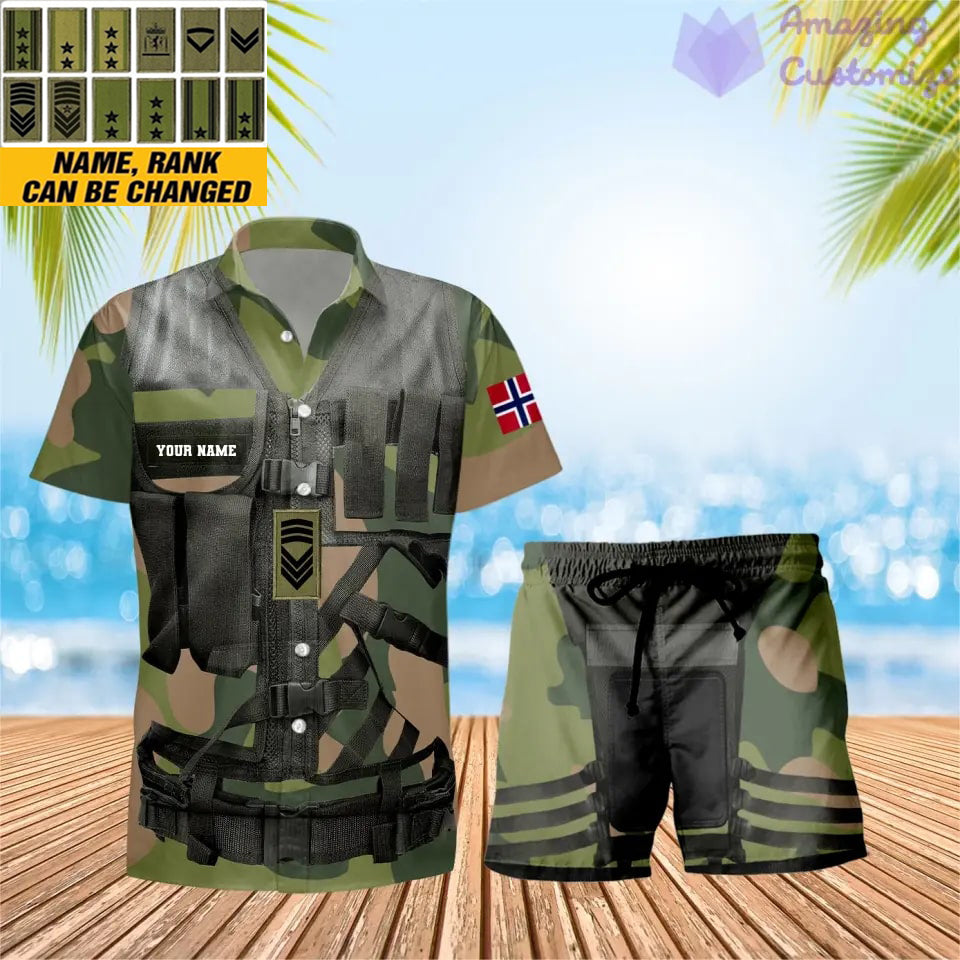 T-shirt Hawaï personnalisé avec camouflage soldat/vétéran norvégien et combo de grades + short imprimé en 3D - 22042401QA