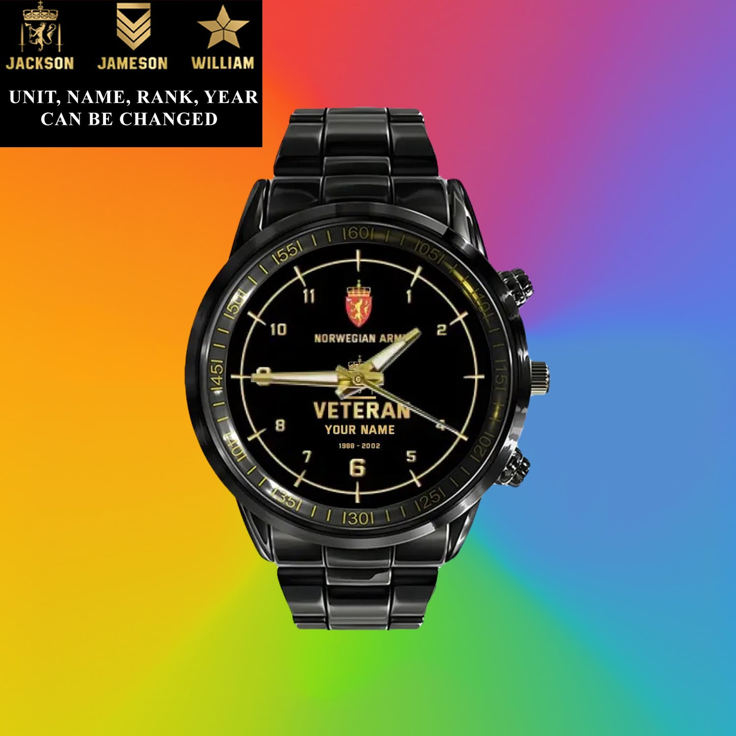 Montre personnalisée en acier inoxydable noir pour soldat/vétéran norvégien avec nom, grade et année - 03052402QA - Version dorée