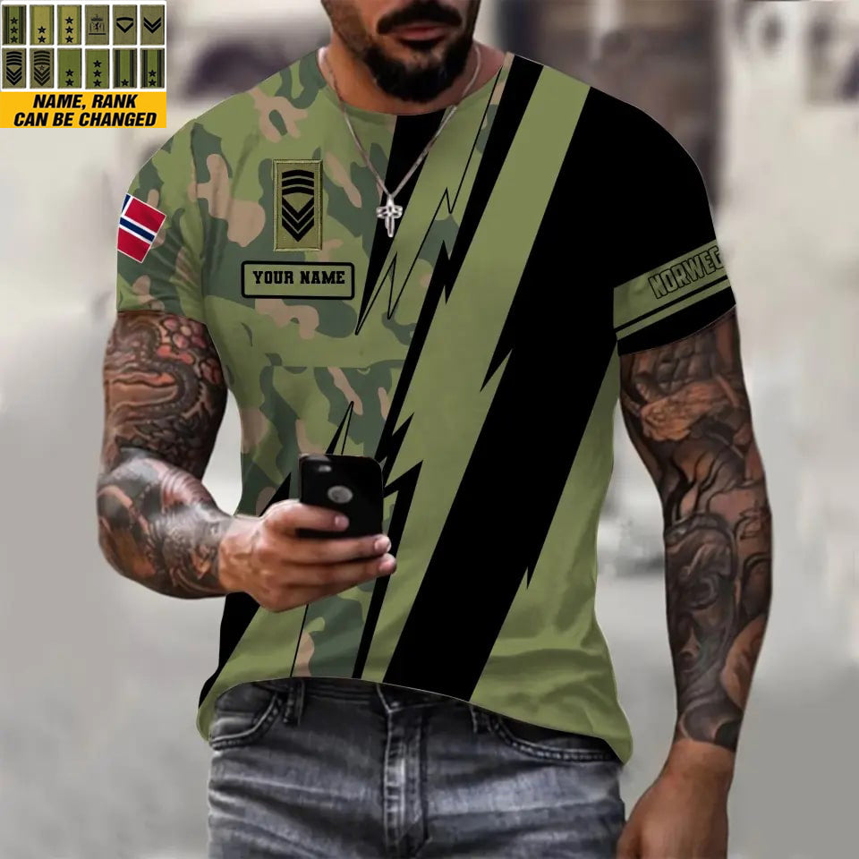 Personalisiertes T-Shirt mit norwegischem Soldaten-/Veteranen-Tarnmuster mit Namen und Rang, 3D-Druck – 030424QA