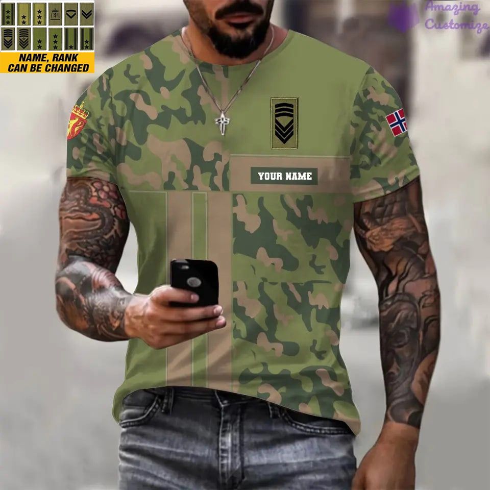 T-shirt personnalisé avec nom et grade du soldat/vétéran norvégien imprimé sur toute la surface - 07052401QA