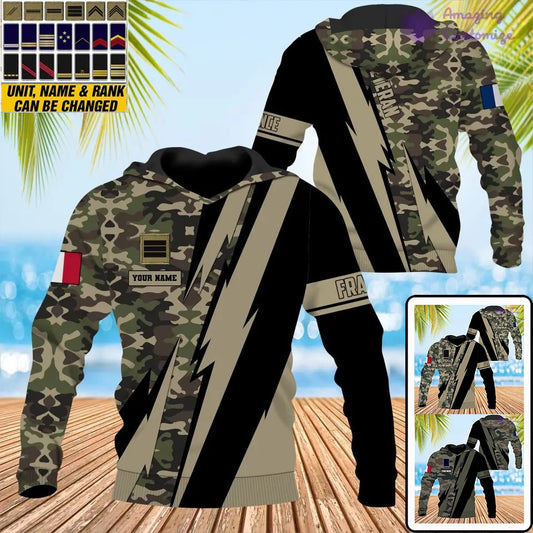 Personalisierter Kapuzenpullover mit Camouflage-Muster für französische Soldaten/Veteranen mit Namen und Rang, 3D-Druck – 17095968