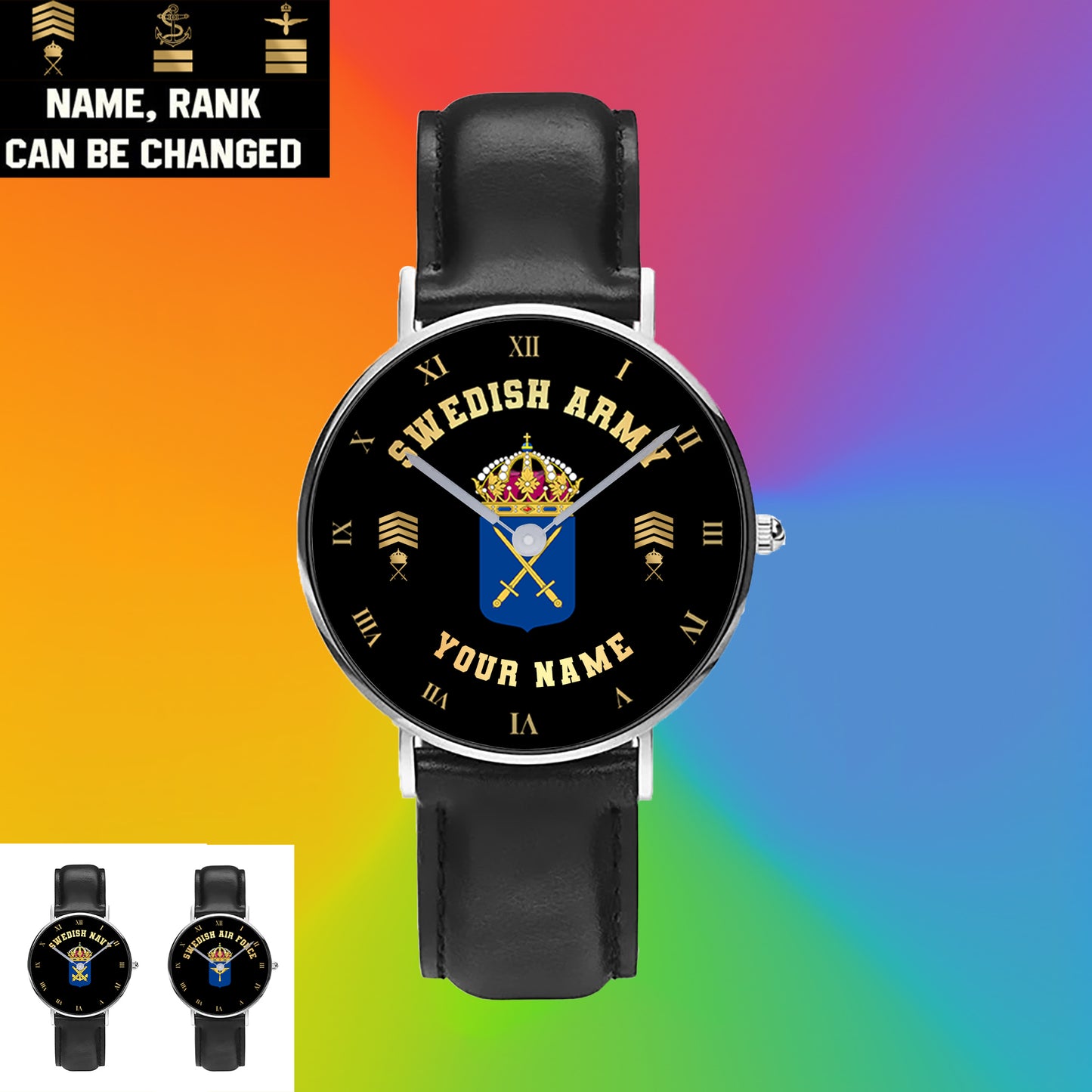 Personalisierte schwedische Soldat/Veteran mit Namen und Rang, schwarze genähte Lederuhr – 0803240001 – goldene Version