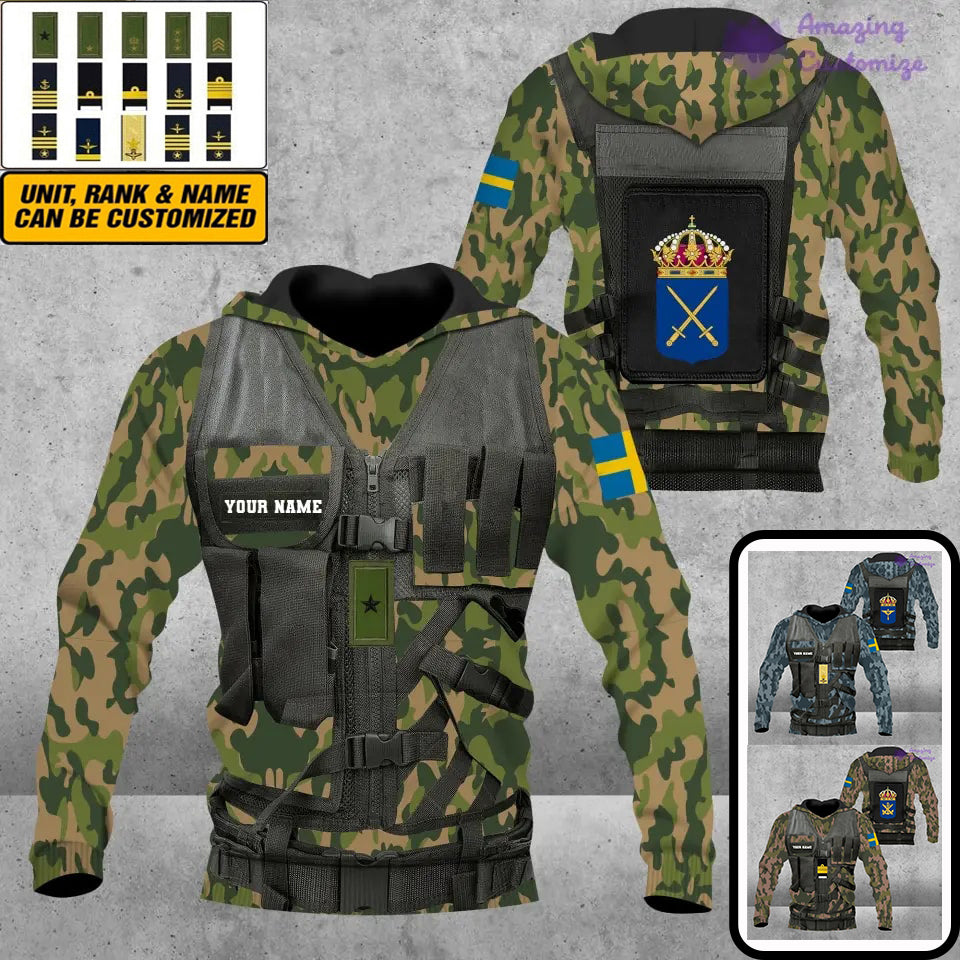 Personalisierter Kapuzenpullover mit 3D-Druck für schwedische Soldaten/Veteranen im Camouflage-Muster mit Namen und Rang – 17049312