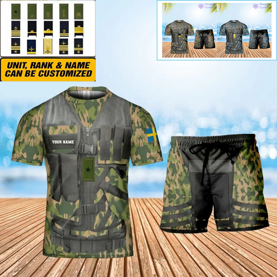 Personalisierter schwedischer Soldat/Veteran, Camouflage, mit Namen und Rang, Kombi-T-Shirt + Short, 3D-Druck – 22042401QA