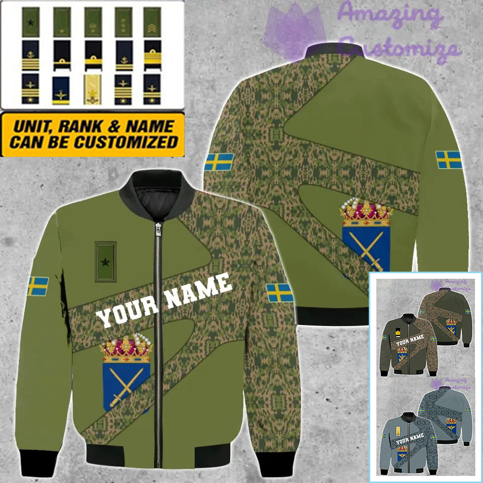 Personalisierte Bomberjacke mit schwedischem Soldaten-/Veteranen-Tarnmuster und Namen und Rang, 3D-Druck – 300124QA