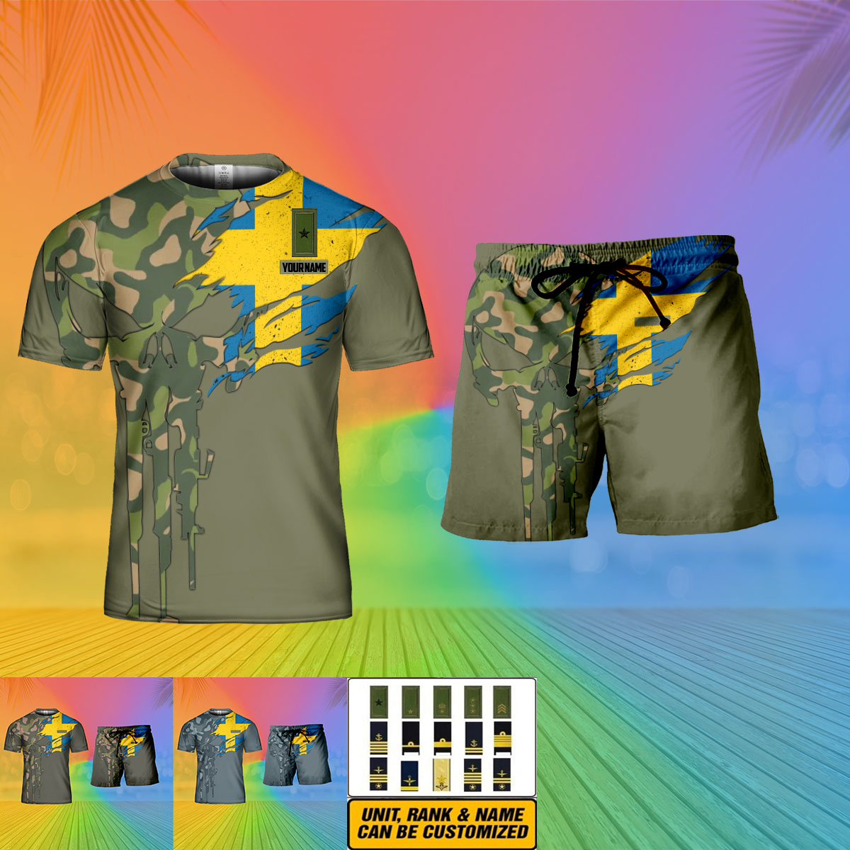 T-shirt personnalisé avec camouflage soldat/vétéran suédois avec nom et grade + short imprimé en 3D