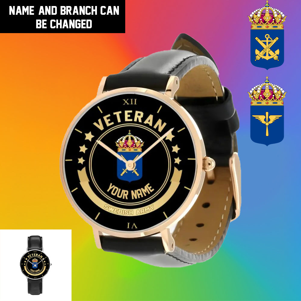 Personalisierte schwedische Soldat/Veteran mit Namen, schwarze genähte Lederuhr – 1103240001 – goldene Version