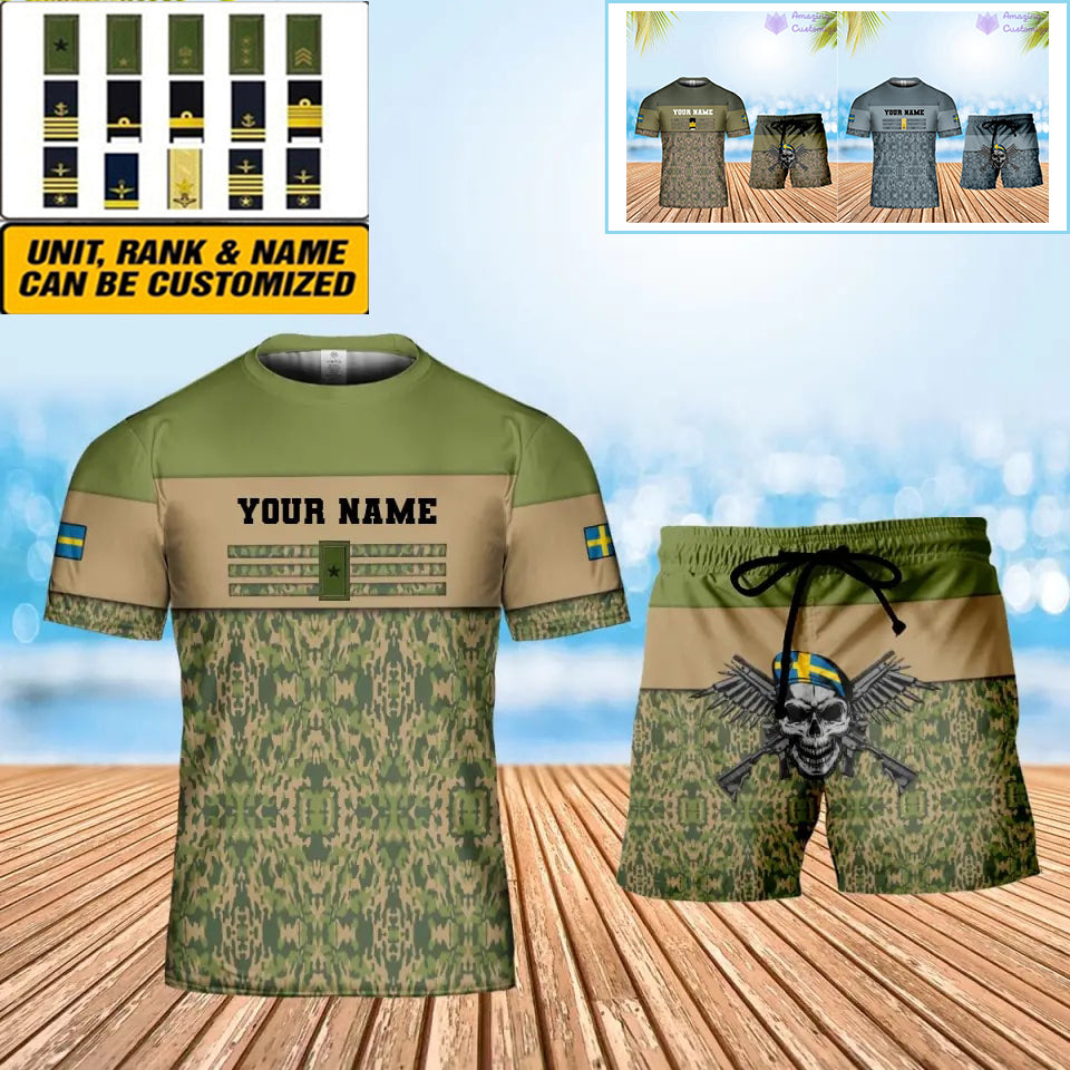 Personalisierter schwedischer Soldat/Veteran, Camouflage, mit Namen und Rang, Kombi-T-Shirt + Short, 3D-Druck -1201240001QA