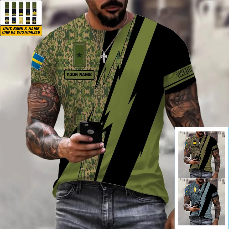 T-shirt personnalisé avec camouflage soldat/vétéran suédois avec nom et grade imprimé en 3D - 030424QA