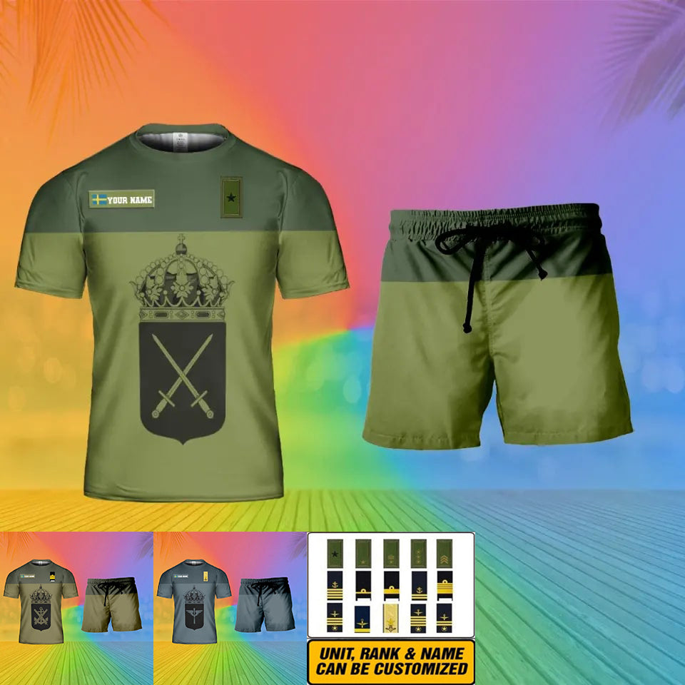 T-shirt personnalisé avec camouflage soldat/vétéran suédois avec nom et grade + short imprimé en 3D - 15Mar2401