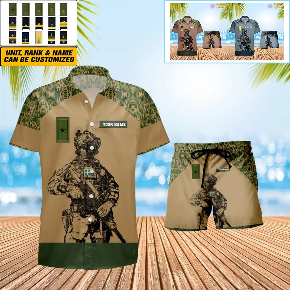 T-shirt Hawaï personnalisé avec camouflage soldat/vétéran suédois et combo de grades + short imprimé en 3D - 1212230001QA