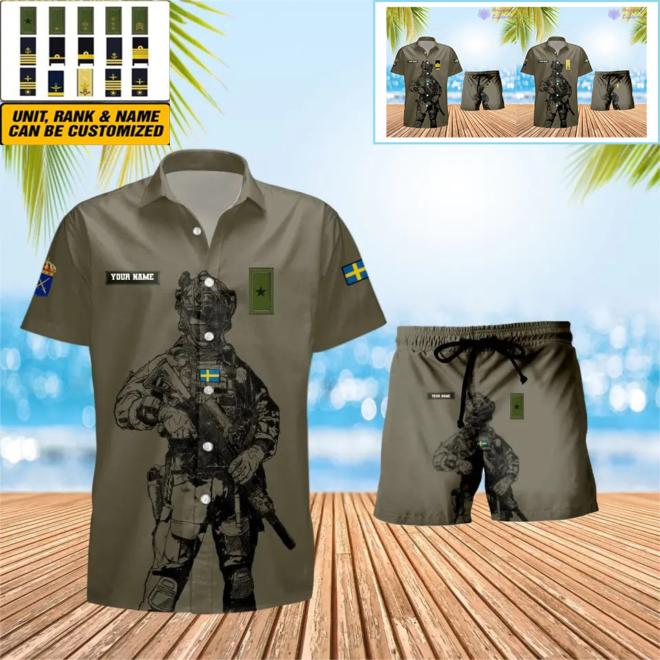 Personalisierter schwedischer Soldat/Veteran, Camouflage mit Rangkombination, Hawaiihemd + Shorts, 3D-Druck – 17042401QA