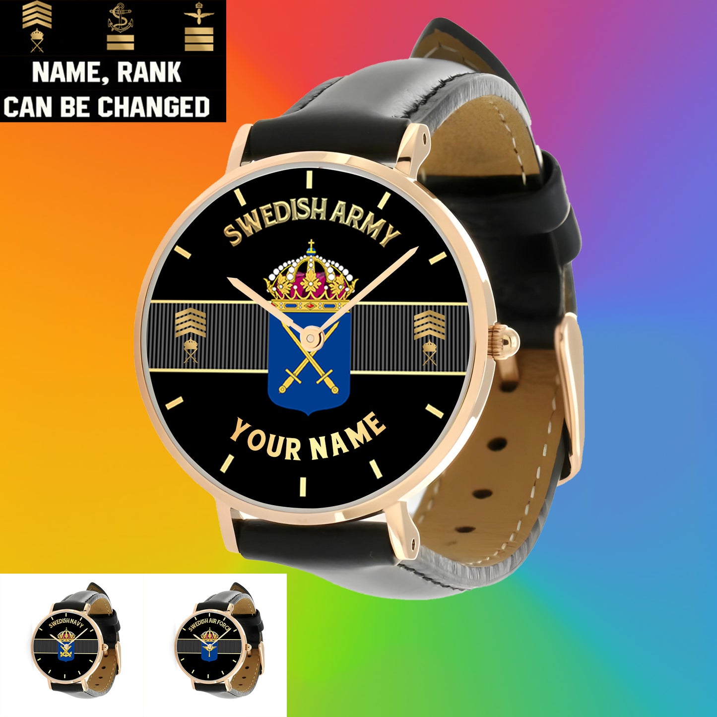 Montre personnalisée en cuir noir cousu pour soldat/vétéran suédois avec nom et grade - 0703240001 - Version dorée