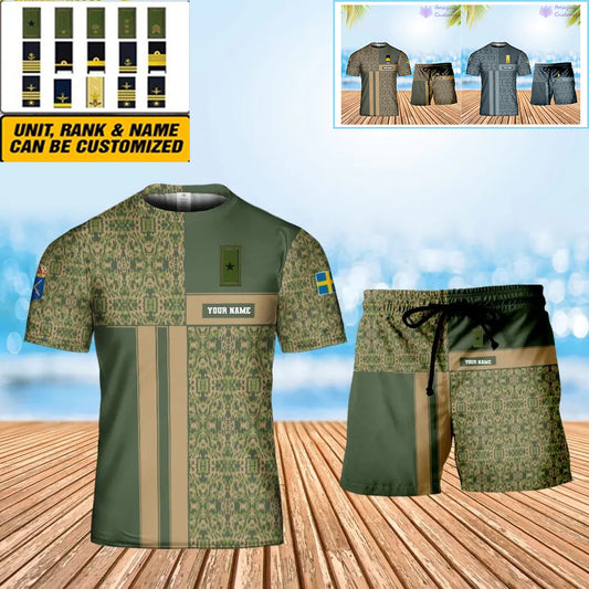 Personalisierter schwedischer Soldat/Veteran, Camouflage, mit Namen und Rang, Kombi-T-Shirt + Short, 3D-Druck – 07042401QA