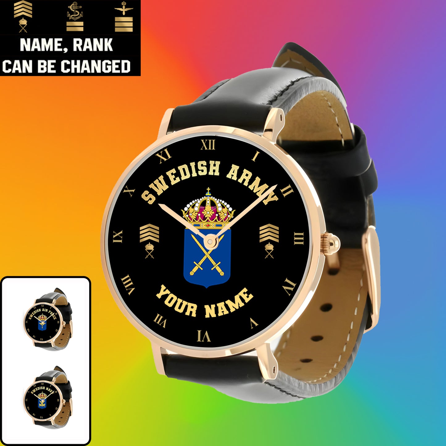 Personalisierte schwedische Soldat/Veteran mit Namen und Rang, schwarze genähte Lederuhr – 0803240001 – goldene Version