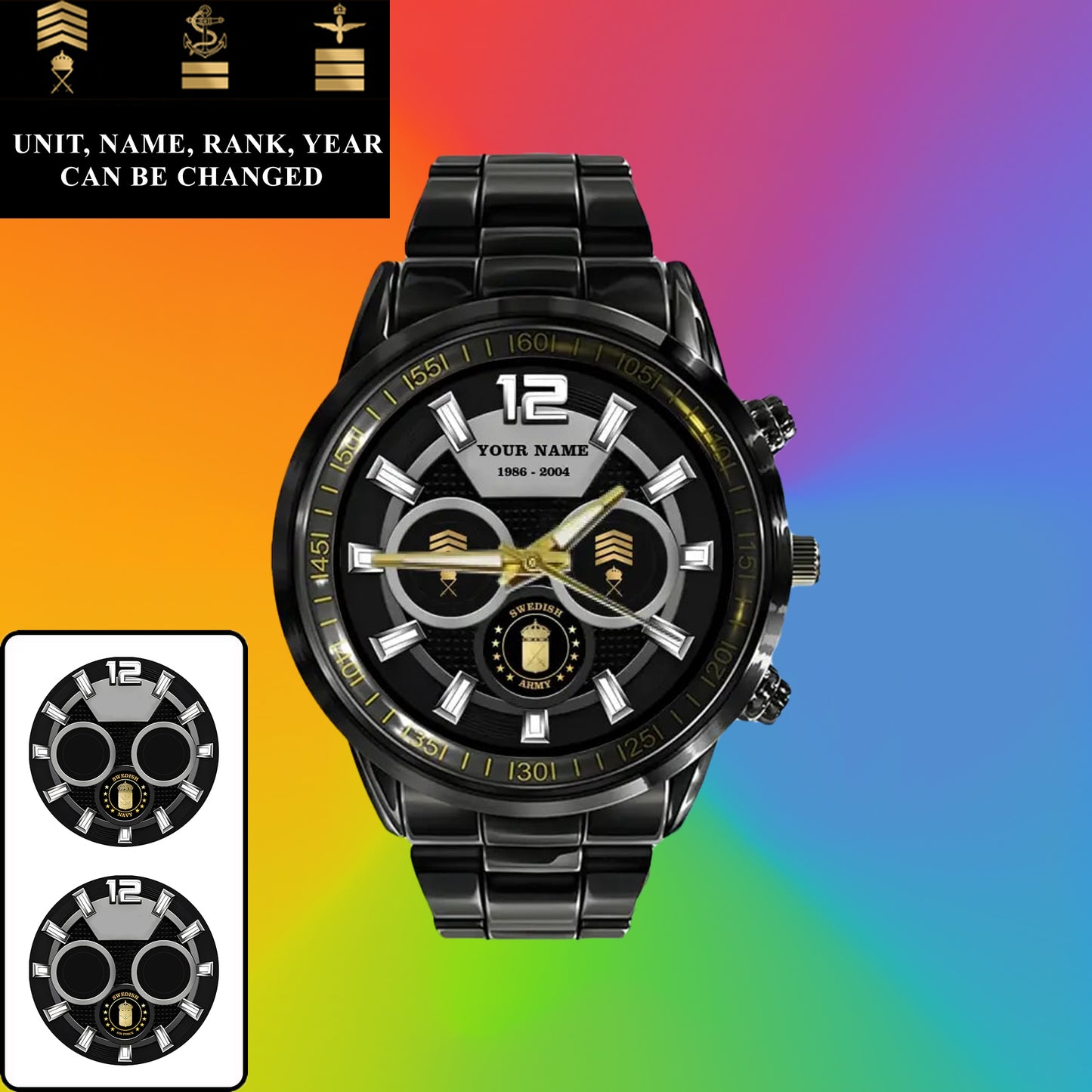 Montre personnalisée en acier inoxydable noir pour soldat/vétéran suédois avec nom, grade et année - 27042401QA - Version dorée