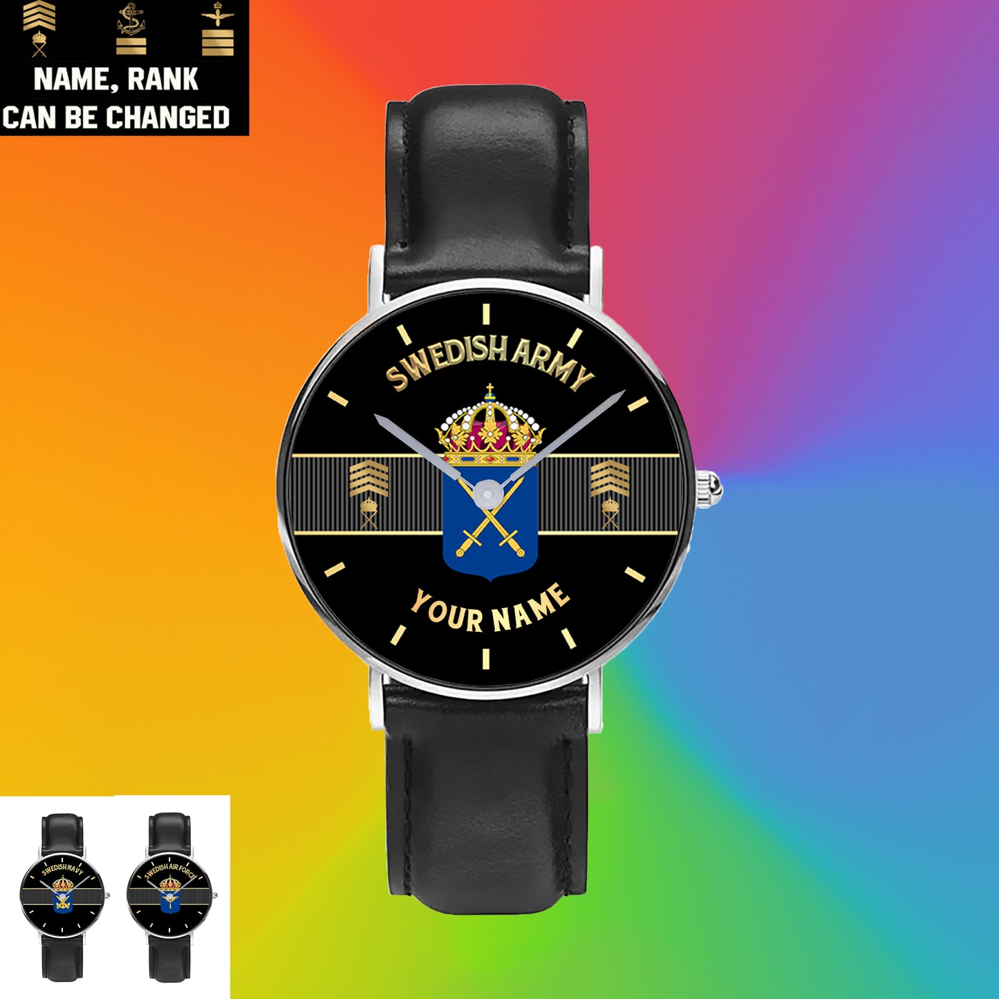 Personalisierte schwedische Soldat/Veteran mit Namen und Rang, schwarze genähte Lederuhr – 0703240001 – goldene Version