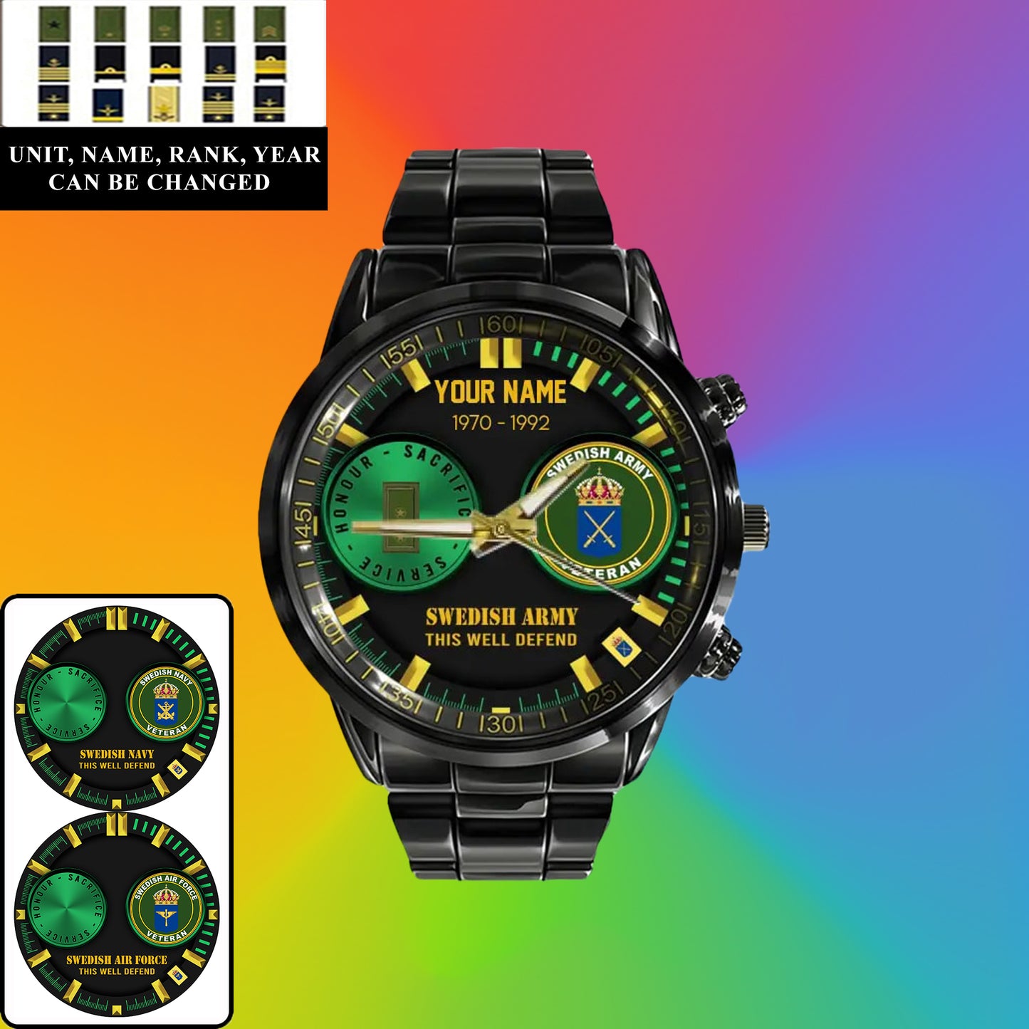 Personalized Sweden Soldier/ Veteran With Name, Rank and Year Black Stainless Steel Watch - 18062402QA - Gold Version