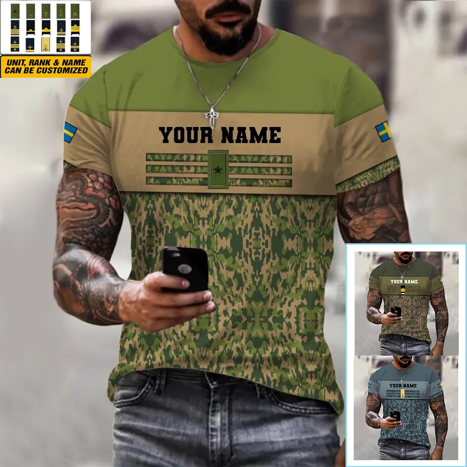 Personalized Sweden Soldier/ Veteran Camo With Name And Rank T-shirt 3D Printed  -   1201240001QA