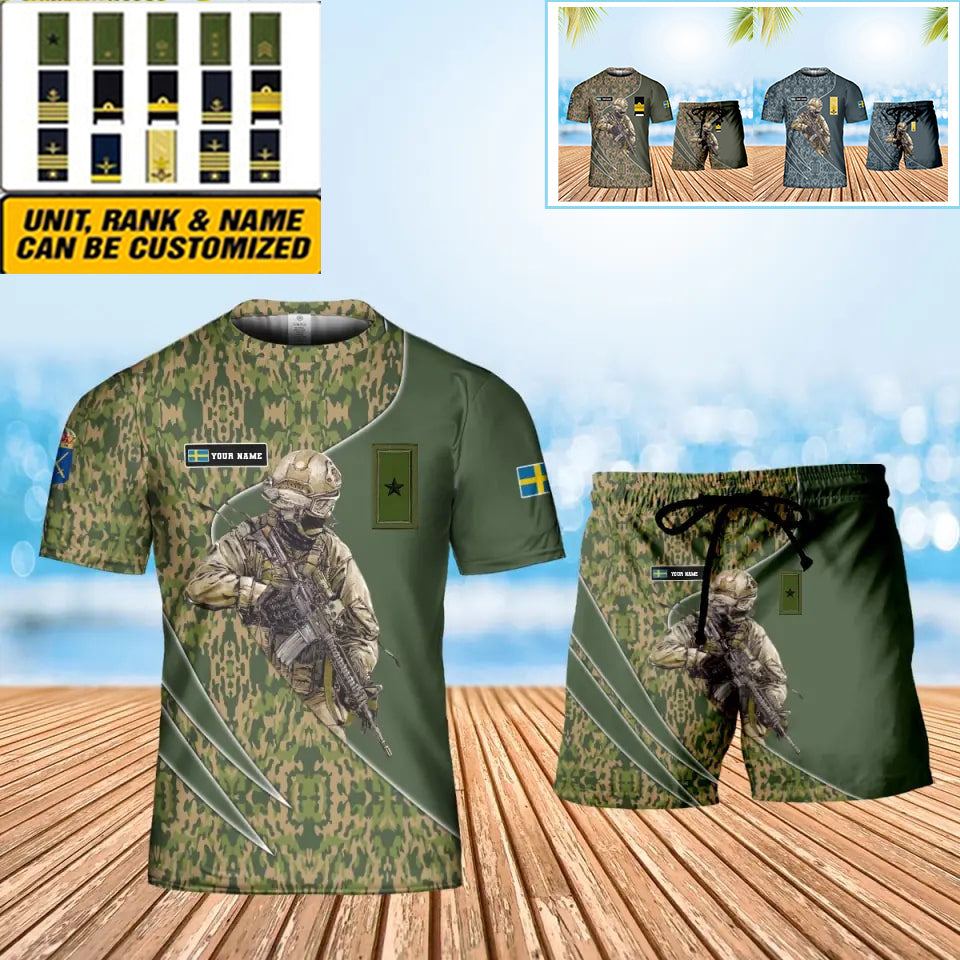 Personalisierter schwedischer Soldat/Veteran, Camouflage, mit Namen und Rang, Kombi-T-Shirt + Short, 3D-Druck – 15052401QA