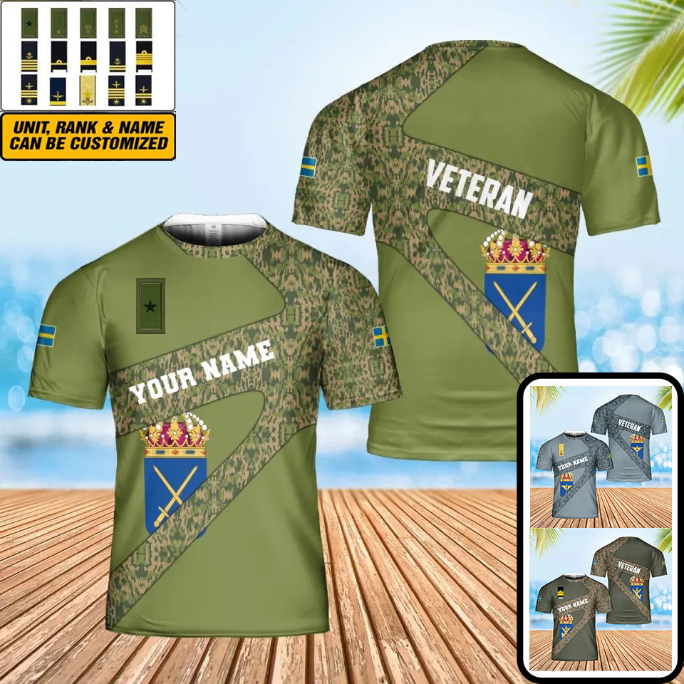 Personalisiertes T-Shirt mit schwedischem Soldaten-/Veteranen-Tarnmuster mit Namen und Rang, 3D-Druck – 3001240001