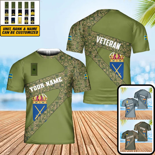 T-shirt personnalisé avec camouflage soldat/vétéran suédois avec nom et grade imprimé en 3D - 3001240001