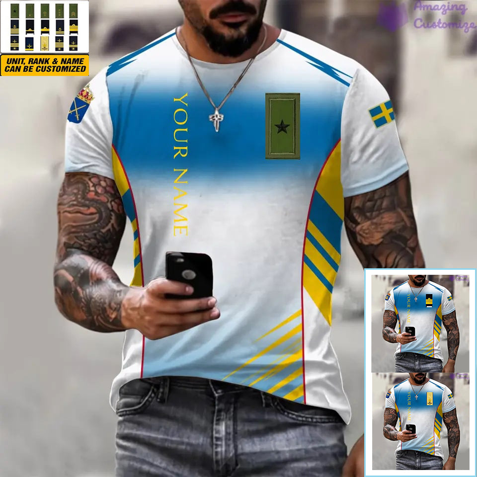 Personalisiertes Schweden-T-Shirt mit Namen und Rang, Soldat/Veteran, komplett bedruckt – 16052401QA