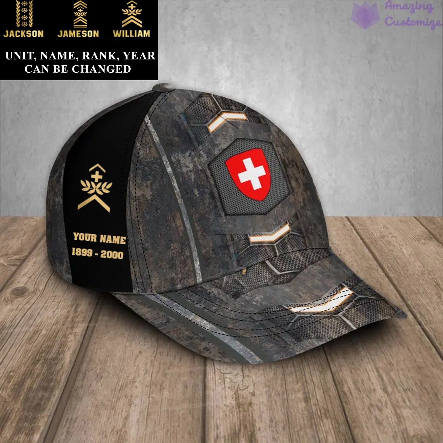 Casquette de baseball camouflage personnalisée avec grade, année et nom pour soldat/vétéran suisse - 17151264