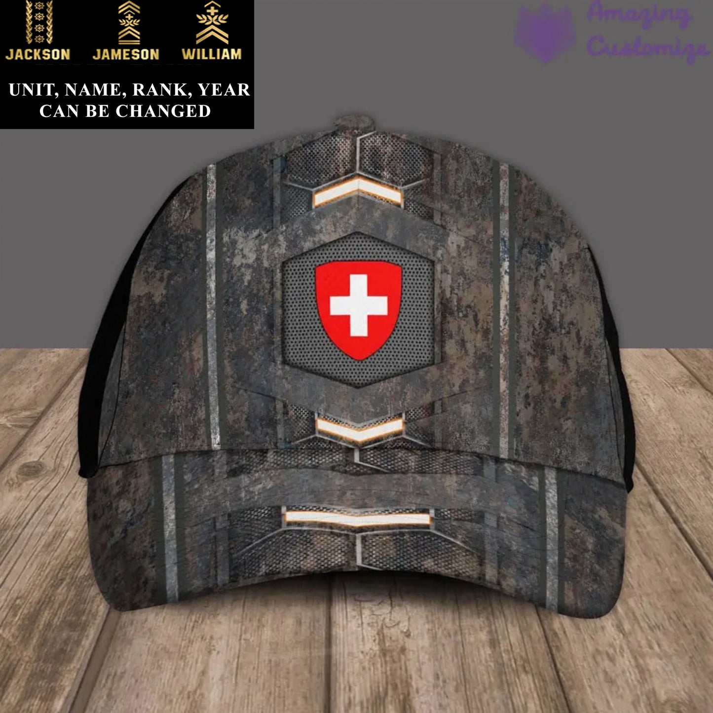 Casquette de baseball camouflage personnalisée avec grade, année et nom pour soldat/vétéran suisse - 17151264