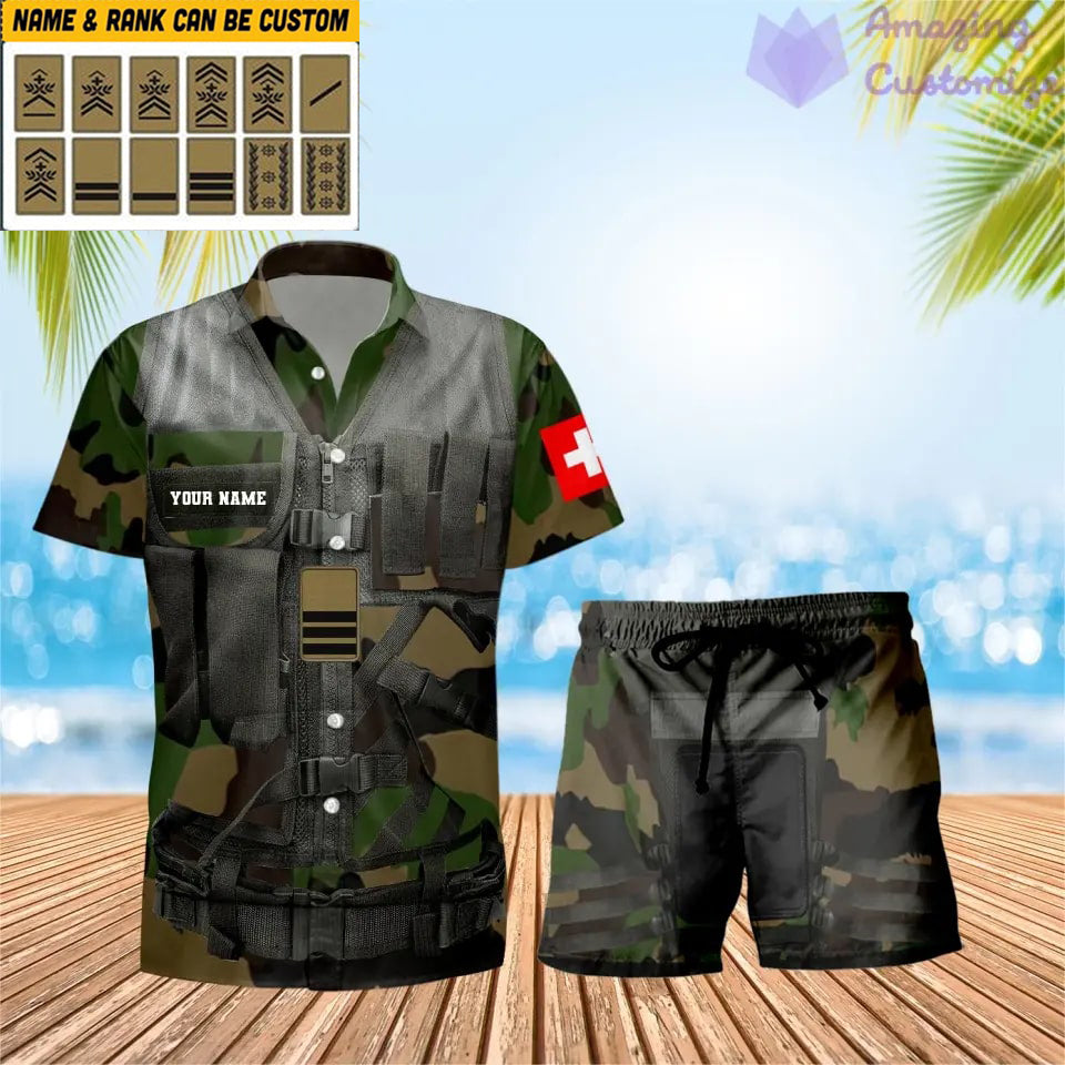 T-shirt Hawaï personnalisé avec camouflage soldat/vétéran suisse et combo de grades + short imprimés en 3D - 22042401QA