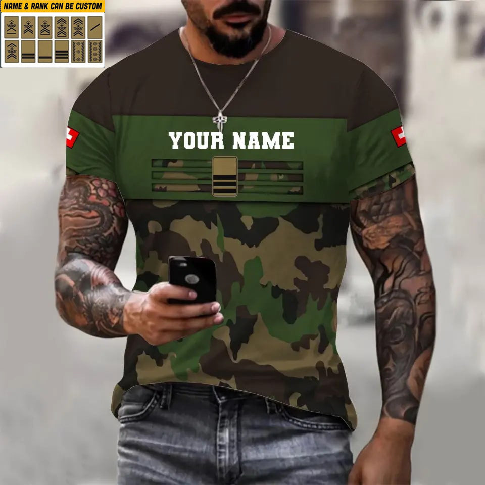 T-shirt personnalisé avec camouflage soldat/vétéran suisse avec nom et grade imprimé en 3D - 1201240001QA