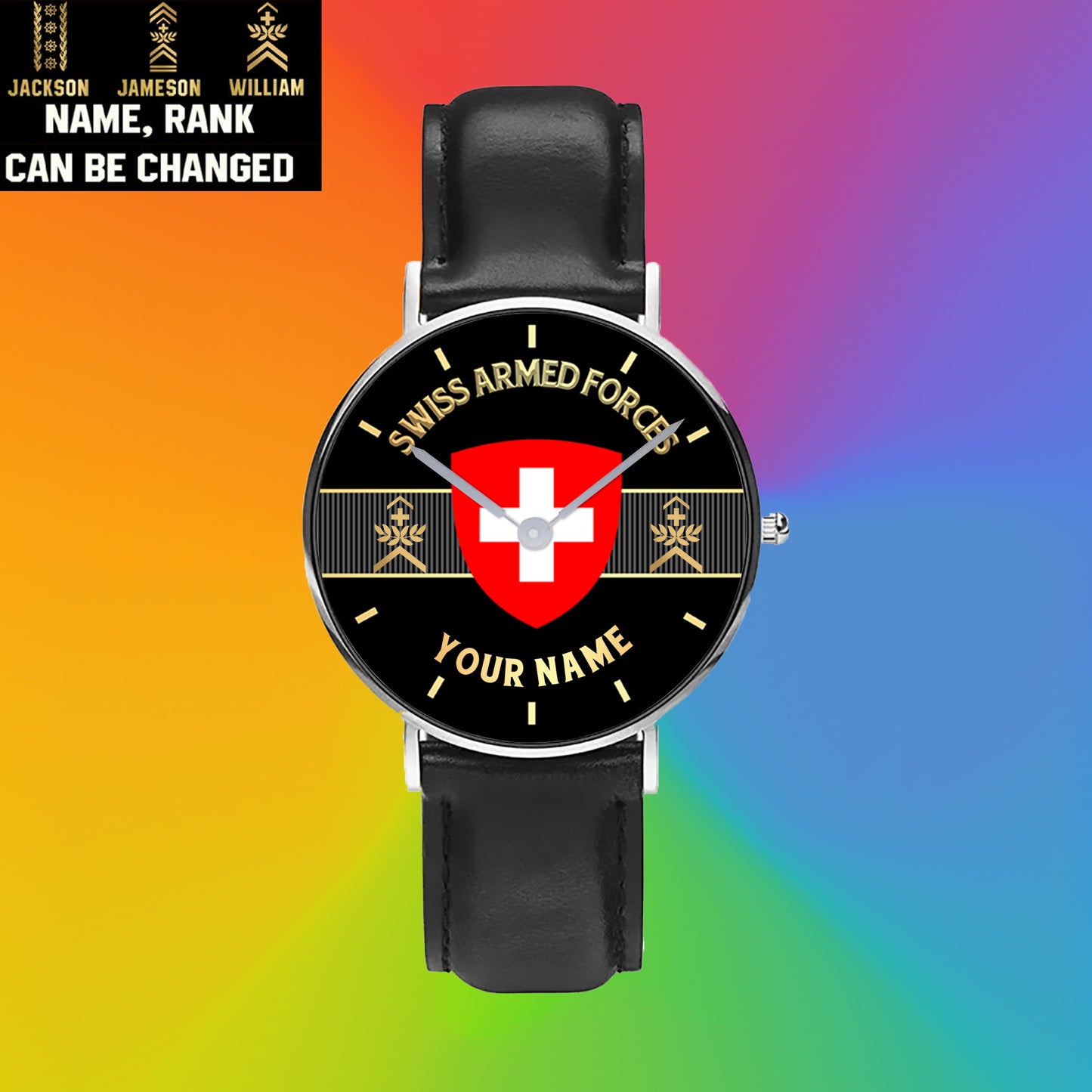 Montre personnalisée en cuir noir avec coutures noires pour soldat/vétéran suisse avec nom et grade - 0703240001 - Version dorée