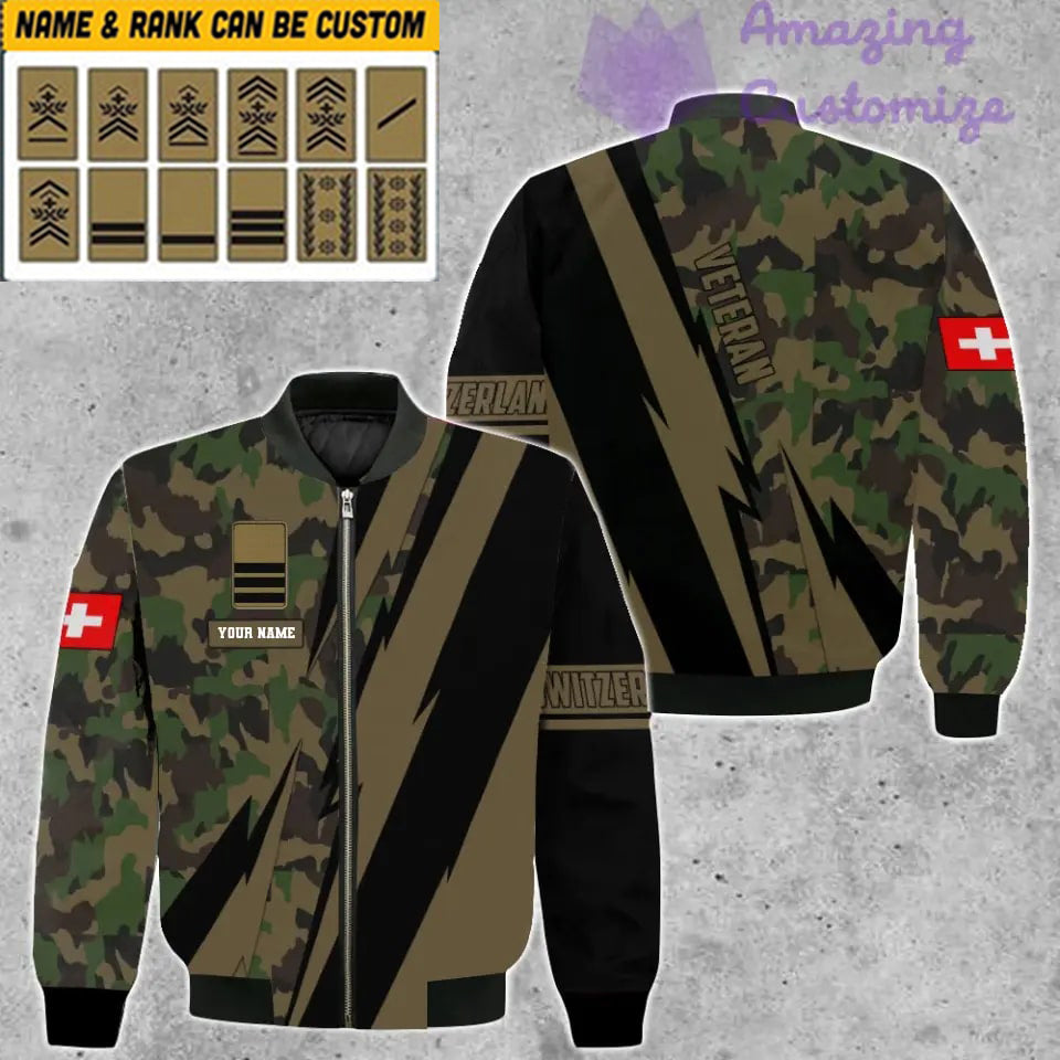 Personalisierte Bomberjacke mit Schweizer Soldaten-/Veteranen-Tarnmuster und Namen und Rang, 3D-Druck – 05032401QA