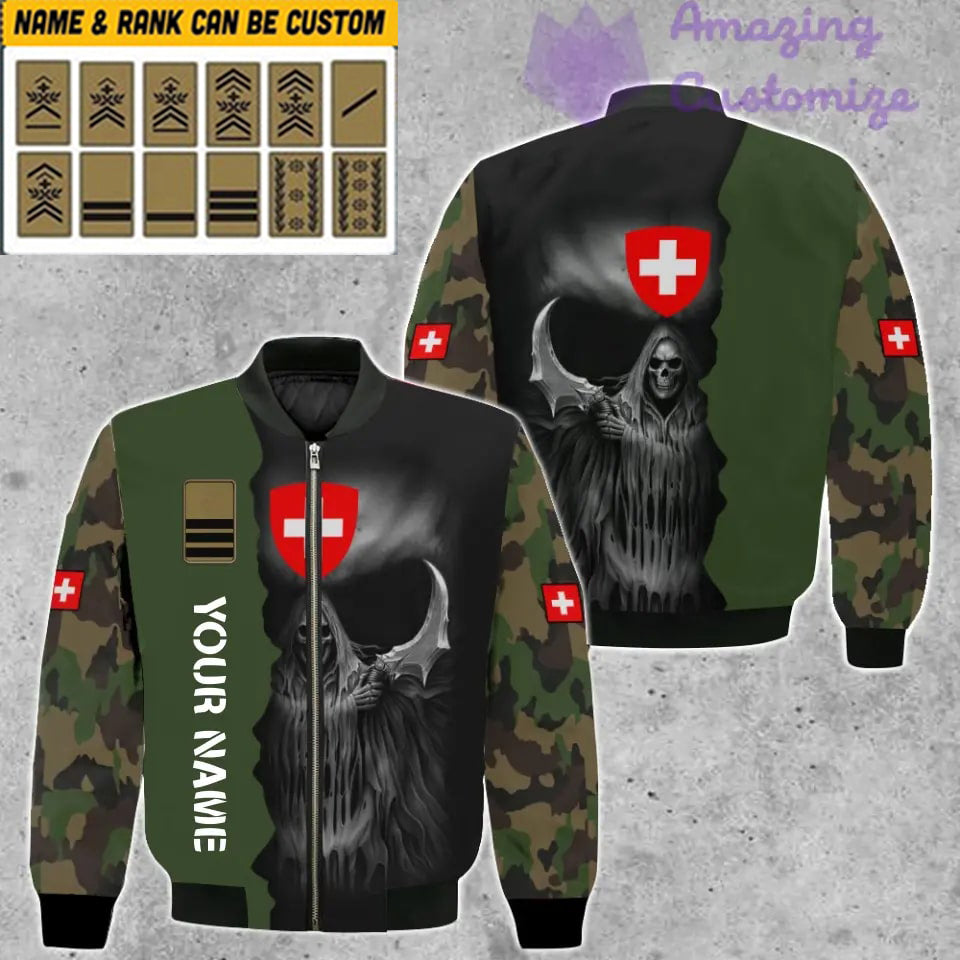 Personalisierte Bomberjacke mit Schweizer Soldaten-/Veteranen-Tarnmuster und Namen und Rang, 3D-Druck – 260124QA