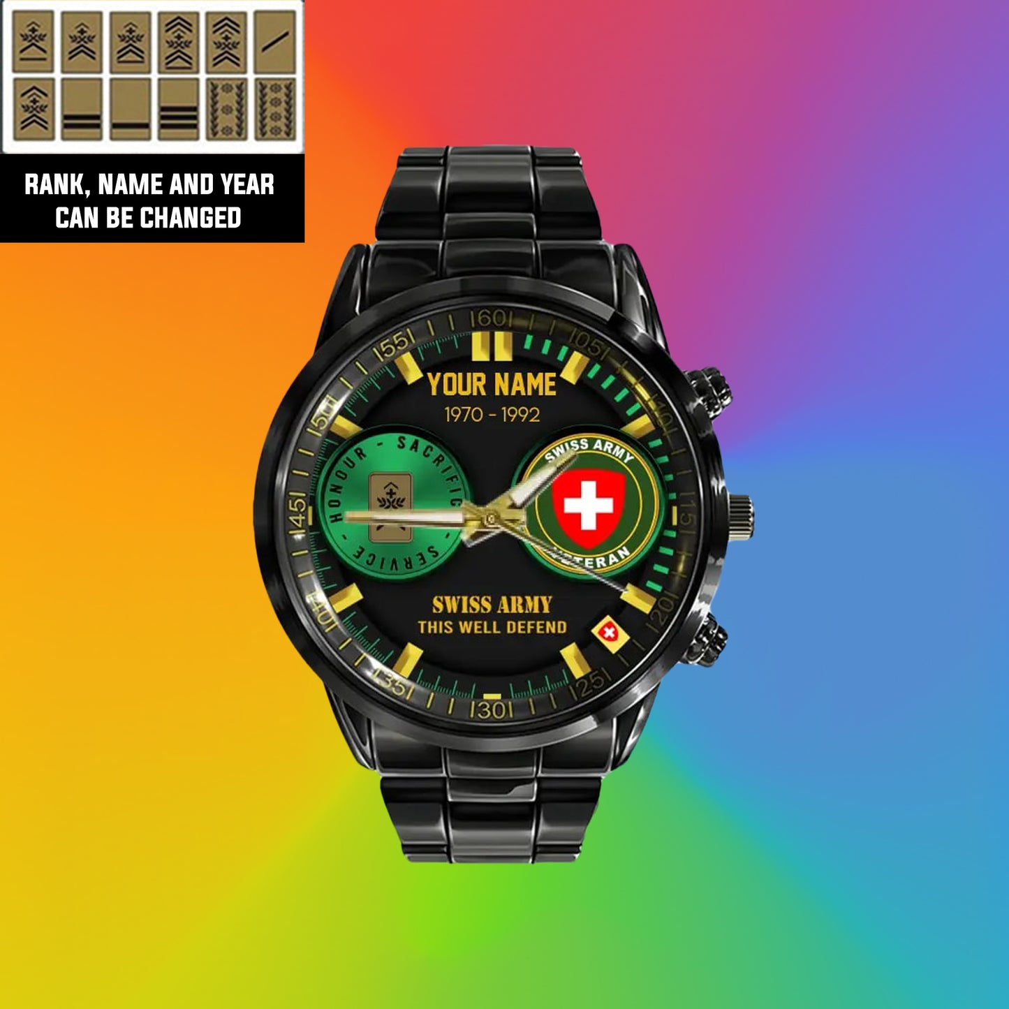 Montre personnalisée en acier inoxydable noir pour soldat/vétéran suisse avec nom, grade et année - 18062402QA - Version dorée