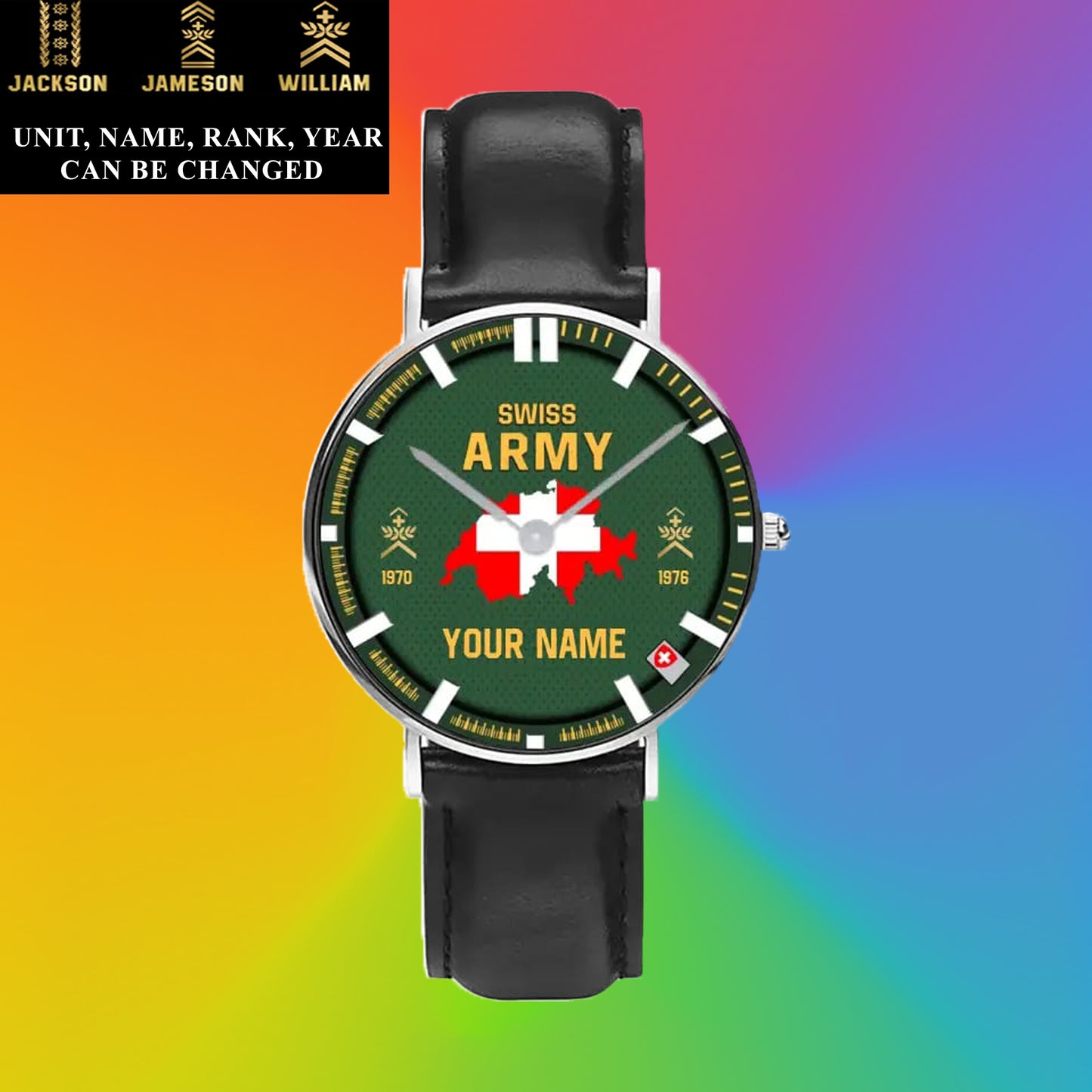 Montre personnalisée en cuir noir avec coutures noires pour soldat/vétéran suisse avec nom, grade et année - 17062402QA - Version dorée