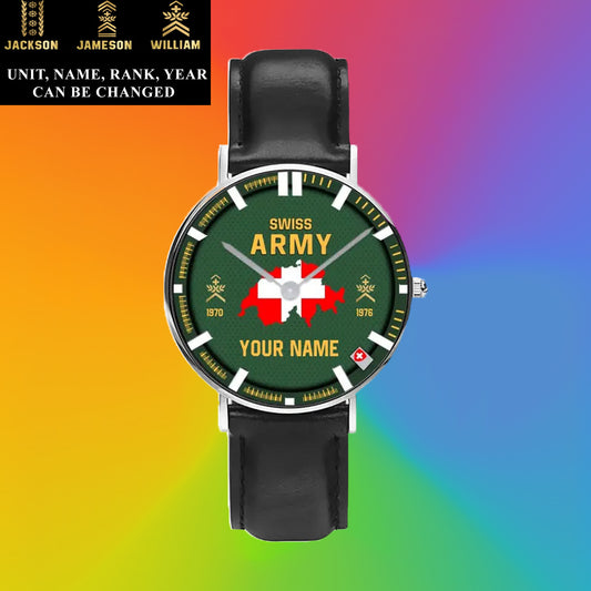 Personalized Swiss Soldier/ Veteran With Name, Rank and Year Black Stitched Leather Watch - 17062402QA - Gold Version