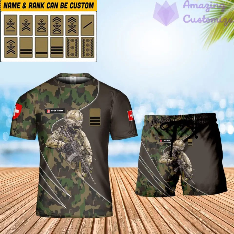 T-shirt personnalisé avec camouflage soldat/vétéran suisse avec nom et grade + short imprimé en 3D -15052401QA