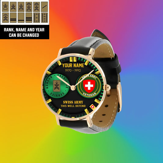 Montre personnalisée en cuir noir avec coutures noires pour soldat/vétéran suisse avec nom, grade et année - 18062402QA - Version dorée