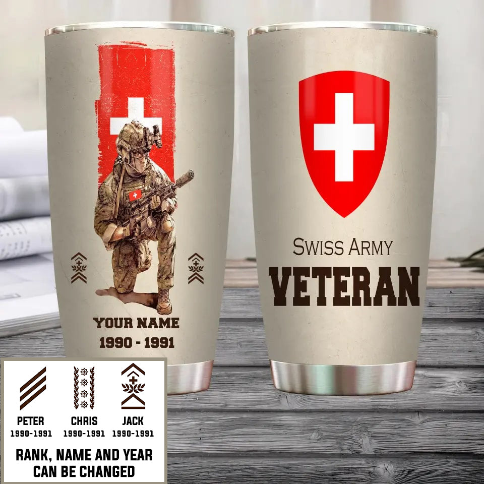 Verre personnalisé pour vétéran/soldat suisse avec grade, année et nom imprimés sur toute la surface - 10062401QA