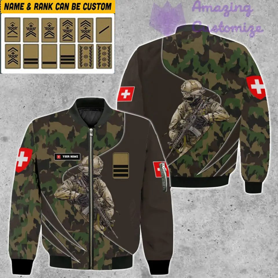 Personalisierte Bomberjacke mit Schweizer Soldaten-/Veteranen-Tarnmuster und Namen und Rang, 3D-Druck – 150524QA