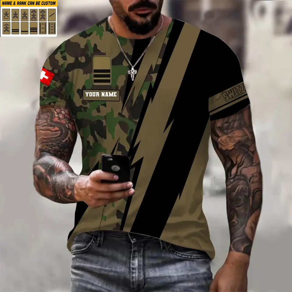 T-shirt personnalisé avec camouflage soldat/vétéran suisse avec nom et grade imprimé en 3D - 0503240001QA