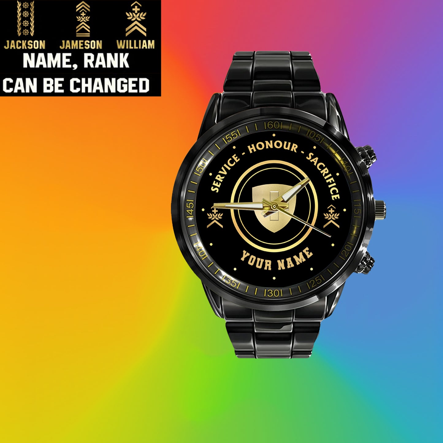 Personalisierte Schweizer Soldat/Veteran mit Namen und Rang, schwarze Edelstahluhr – 2603240001 – Goldversion