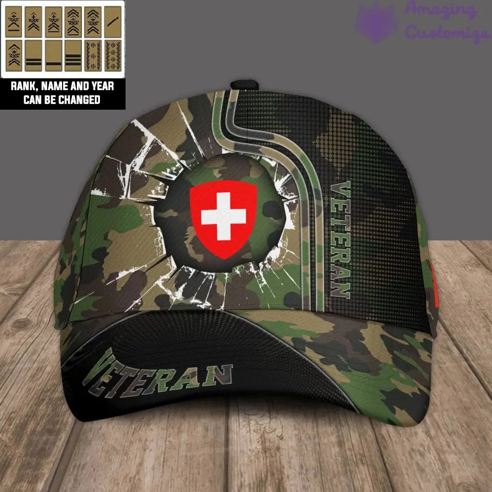 Personalized Rank, Year And Name Swiss Soldier/Veterans Camo Baseball Cap - 17170272