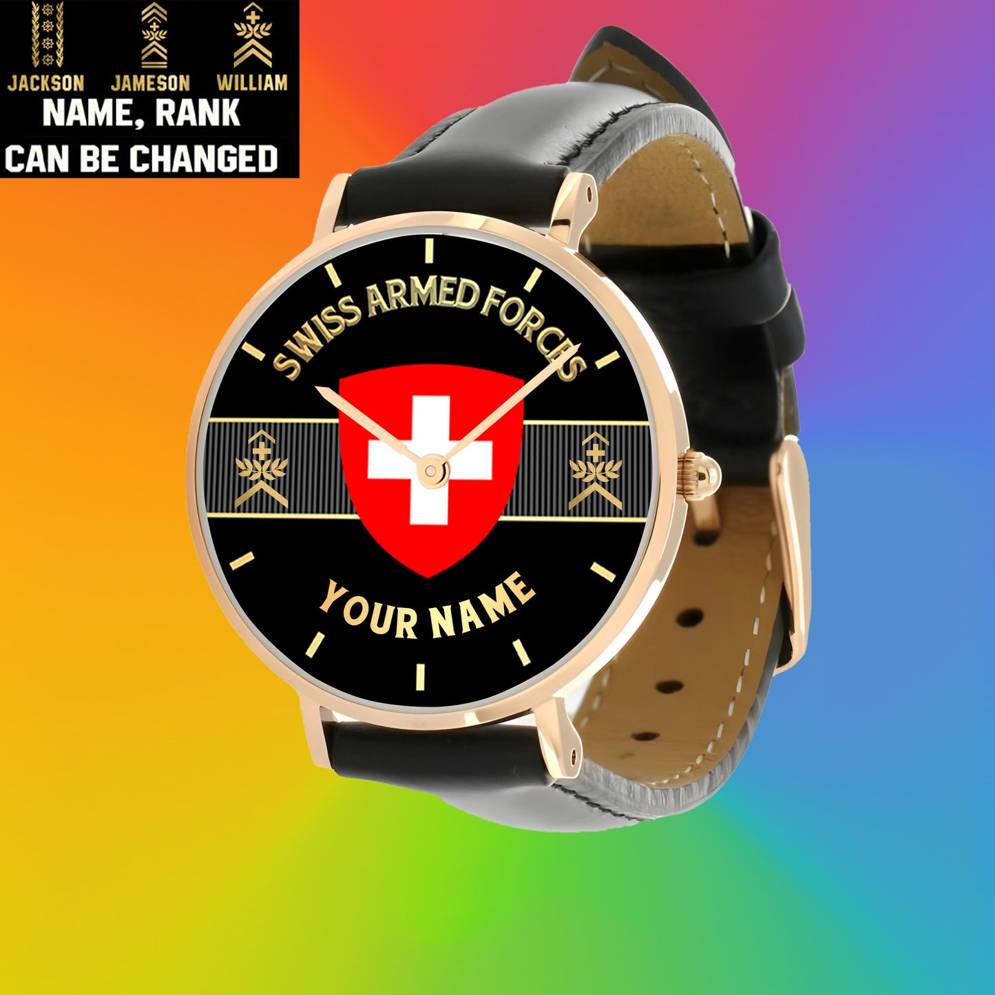 Montre personnalisée en cuir noir avec coutures noires pour soldat/vétéran suisse avec nom et grade - 0703240001 - Version dorée