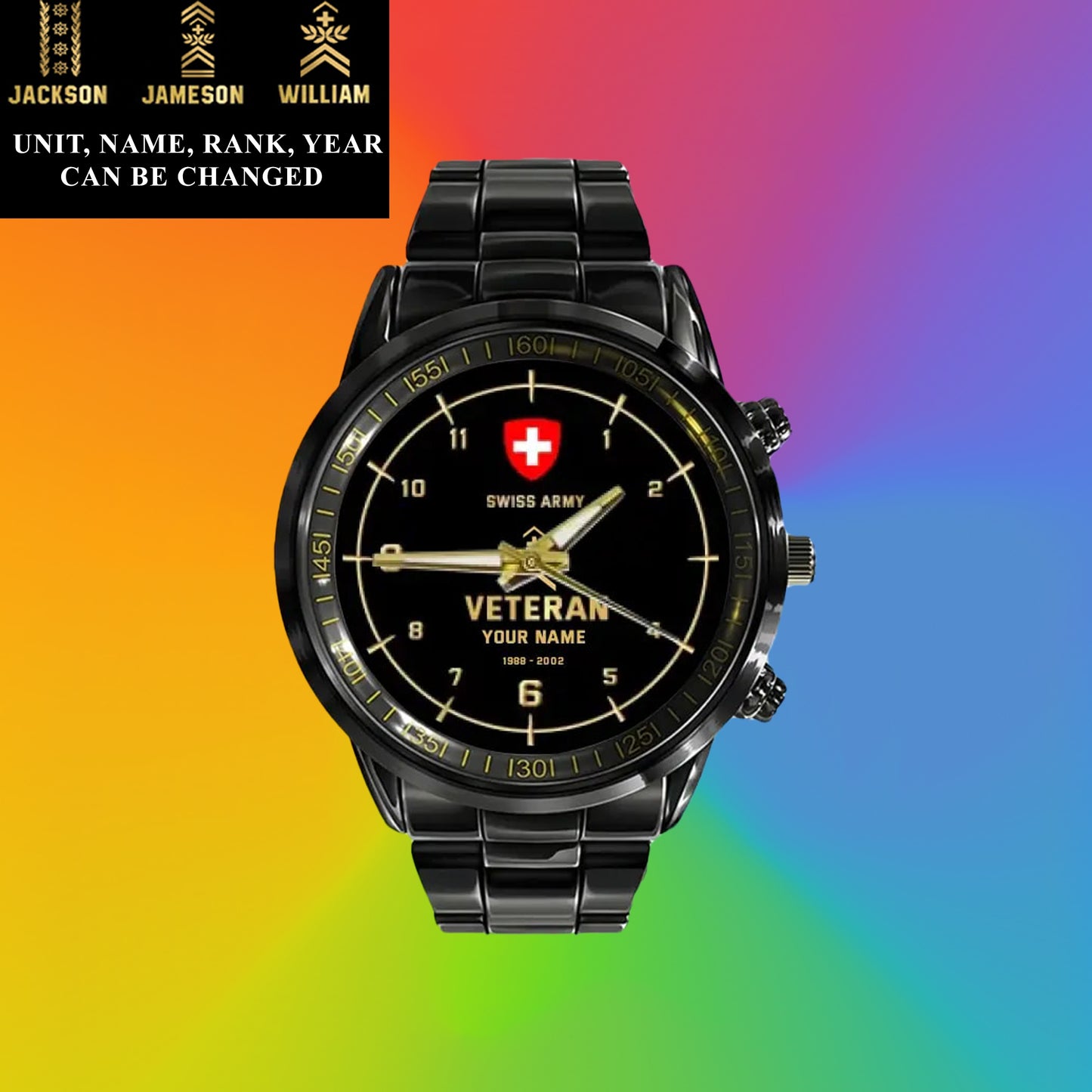 Montre personnalisée en acier inoxydable noir pour soldat/vétéran suisse avec nom, grade et année - 03052402QA - Version dorée