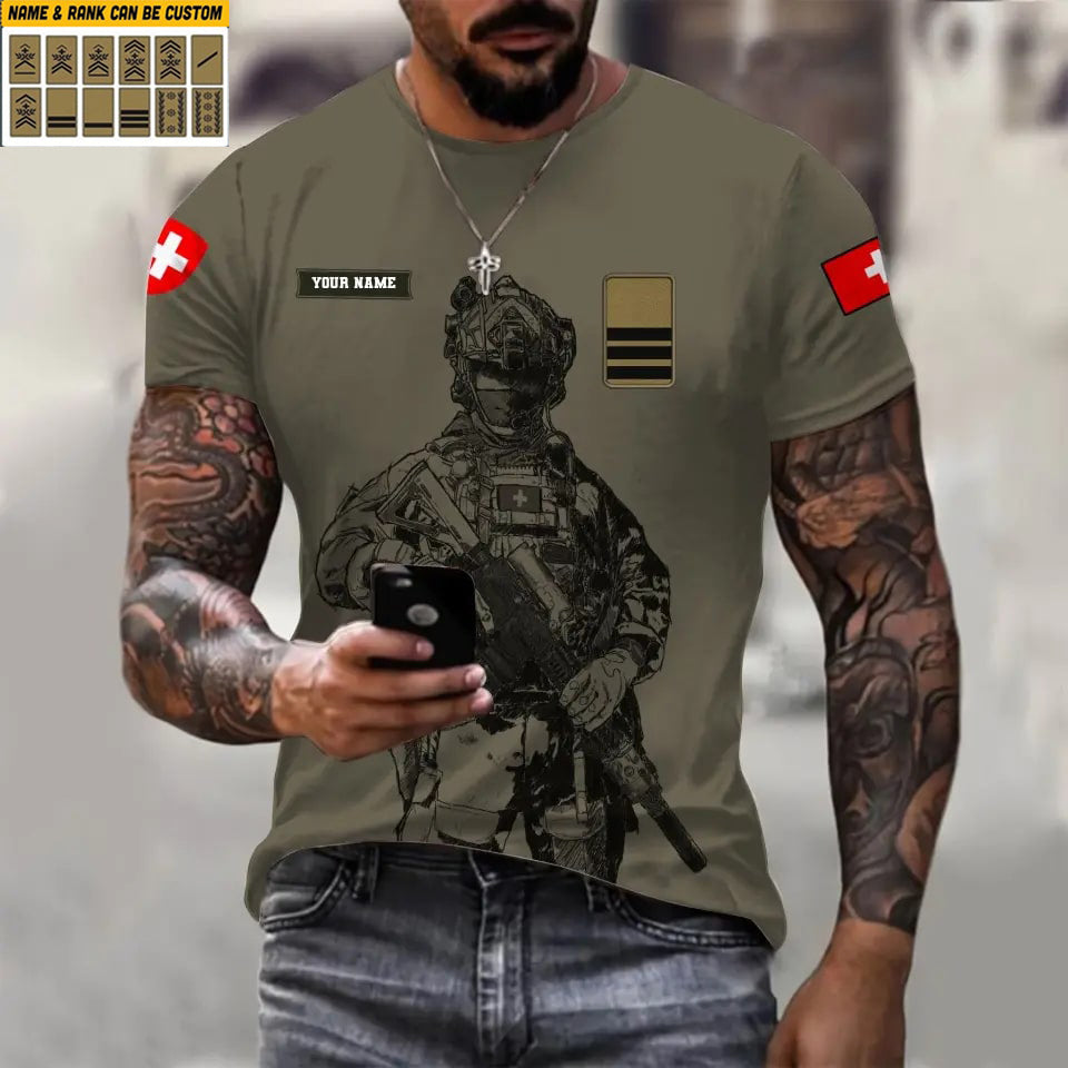 T-shirt personnalisé avec camouflage soldat/vétéran suisse avec nom et grade imprimé en 3D - 17042401QA