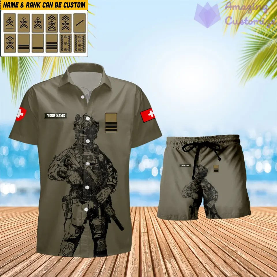 T-shirt Hawaï personnalisé avec camouflage soldat suisse/vétéran avec combo de grade et short imprimé en 3D - 17042401QA